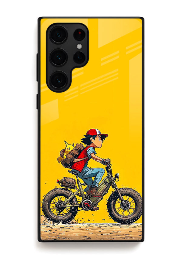 retro bike rider yellow art Samsung S23 Ultra glass cover vintage biker illustration case