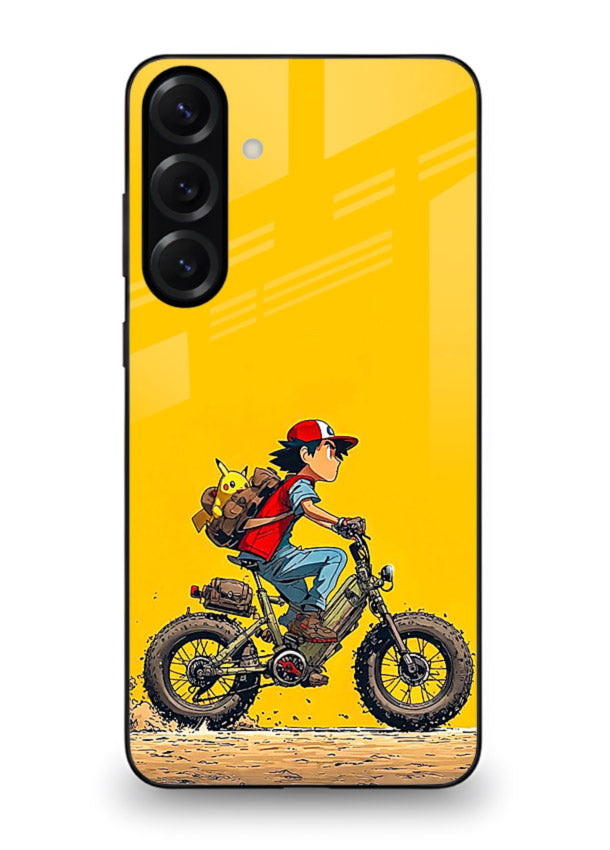 retro bike rider yellow art Samsung A35 5G glass cover vintage biker illustration case