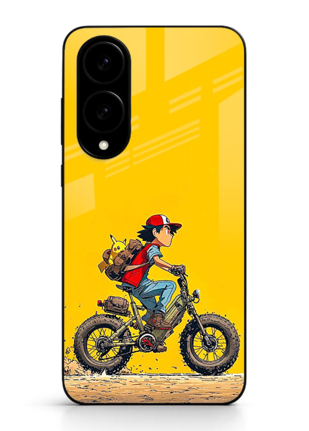 retro bike rider yellow art Samsung S25 Edge glass cover vintage biker illustration case