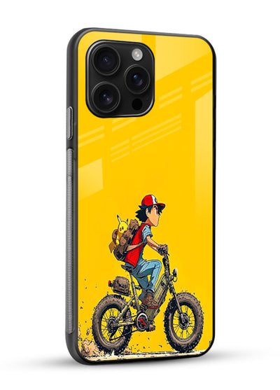 retro bike rider yellow art glossy vibrant premium glass cover vintage biker illustration case - Angle Side
