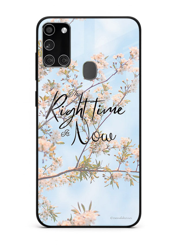 Botanical branch artwork printed on Samsung A21s glass back cover with calm tones.