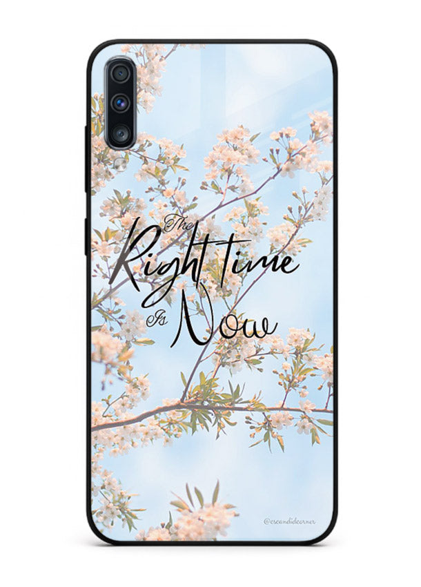 Botanical branch artwork printed on Samsung A70 glass back cover with calm tones.