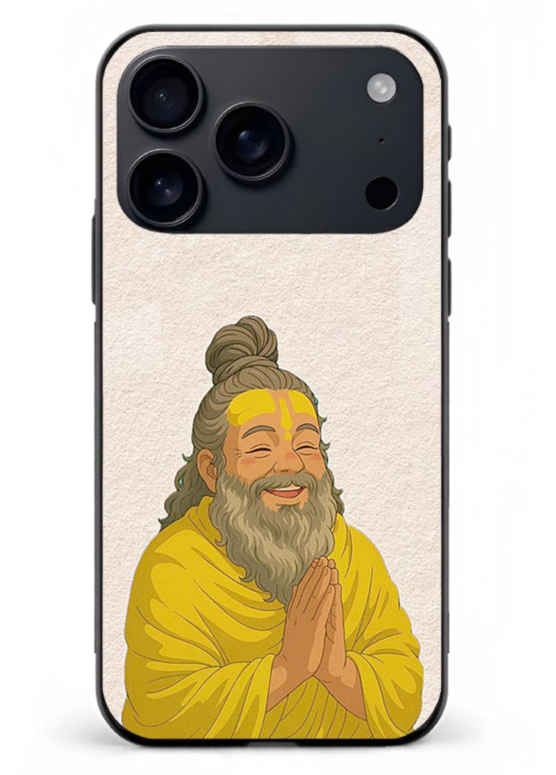 Devotional rishi artwork printed on glossy tempered glass iPhone 18 Pro Max back cover