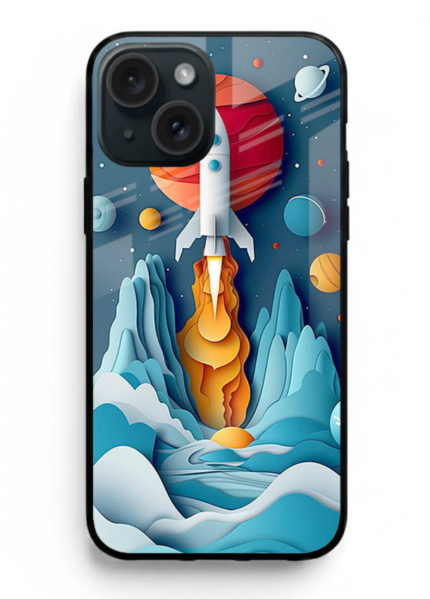 Rocket Planet Launch cosmic rocket artwork iphone 15 plus glass back cover