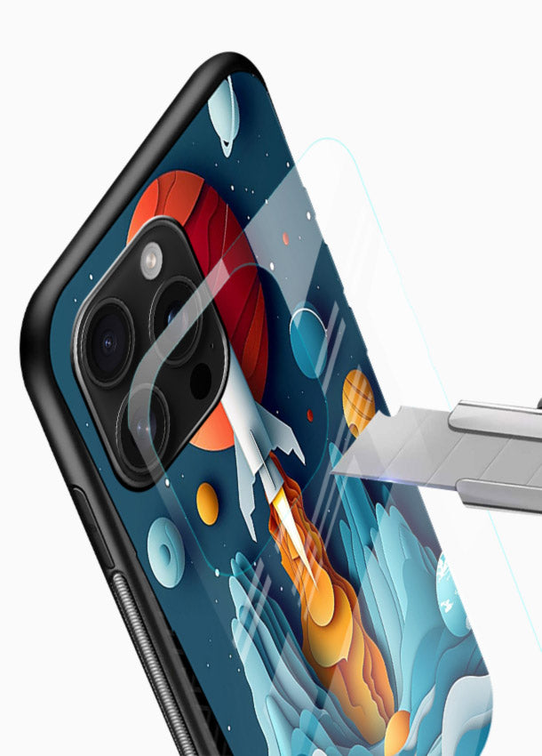 Rocket Planet Launch cosmic rocket artwork glossy vibrant premium glass back cover - Angle Blade