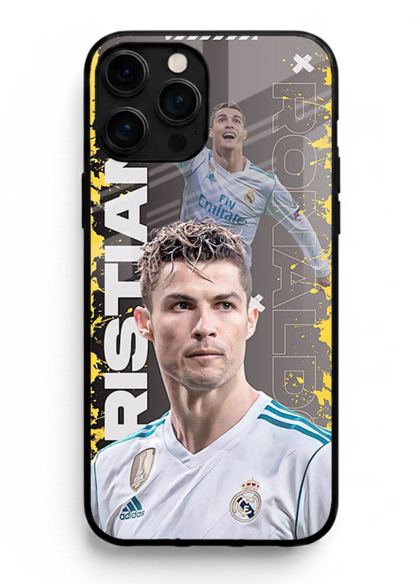 Football player portrait printed on glossy tempered glass iPhone 15 Pro Max back cover