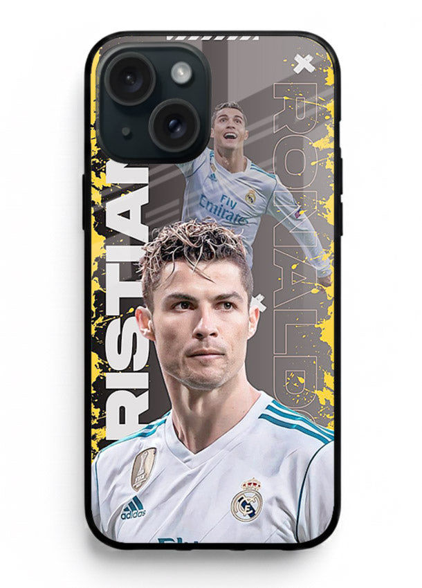 Football player portrait printed on glossy tempered glass iPhone 15 back cover