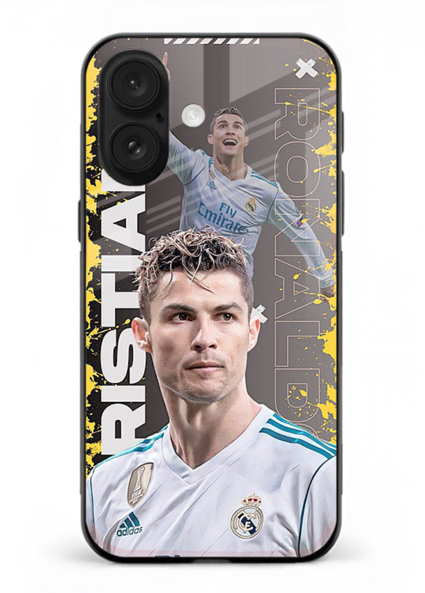 Football player portrait printed on glossy tempered glass iPhone 16 Plus back cover