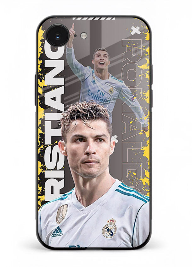 Football player portrait printed on glossy tempered glass iPhone 16E back cover