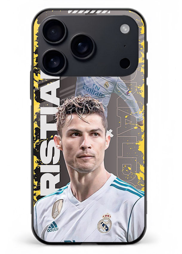 Football player portrait printed on glossy tempered glass iPhone 17 Pro Max back cover