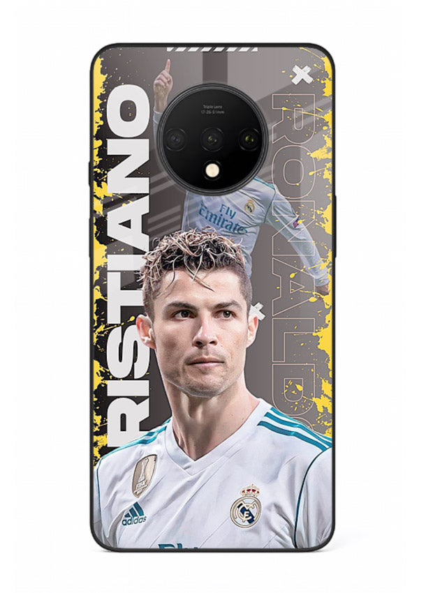 Football player portrait printed on glossy tempered glass OnePlus 7T back cover