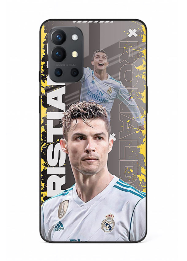 Football player portrait printed on glossy tempered glass OnePlus 9R back cover