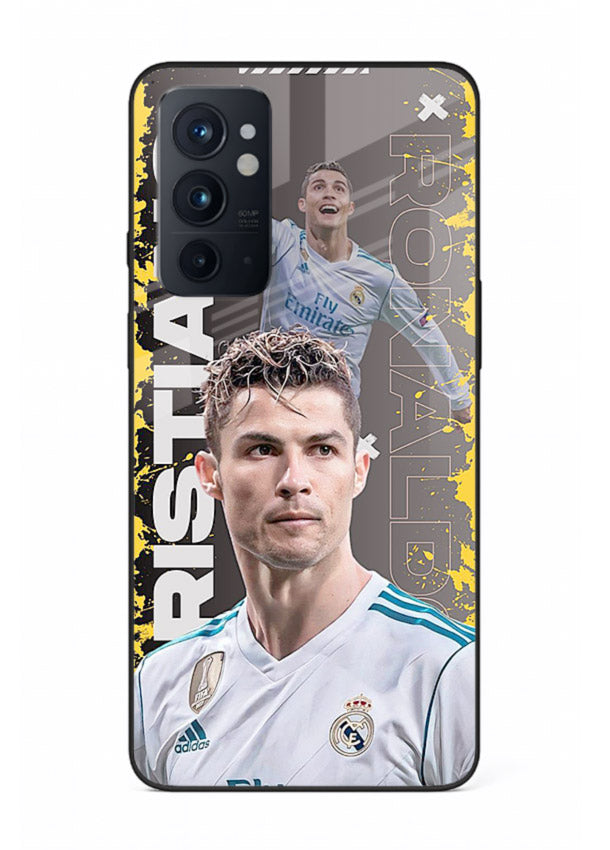Football player portrait printed on glossy tempered glass OnePlus 9RT back cover