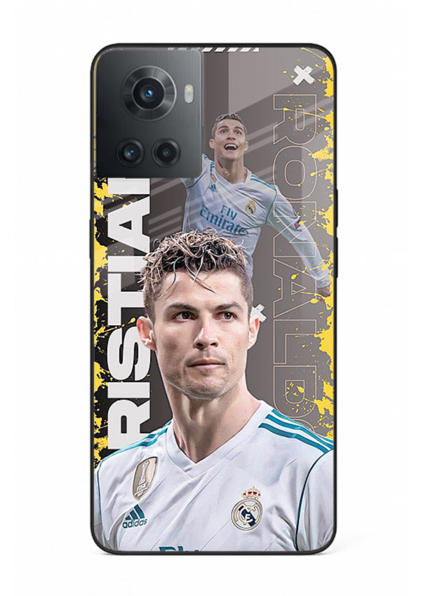 Football player portrait printed on glossy tempered glass OnePlus 10R back cover