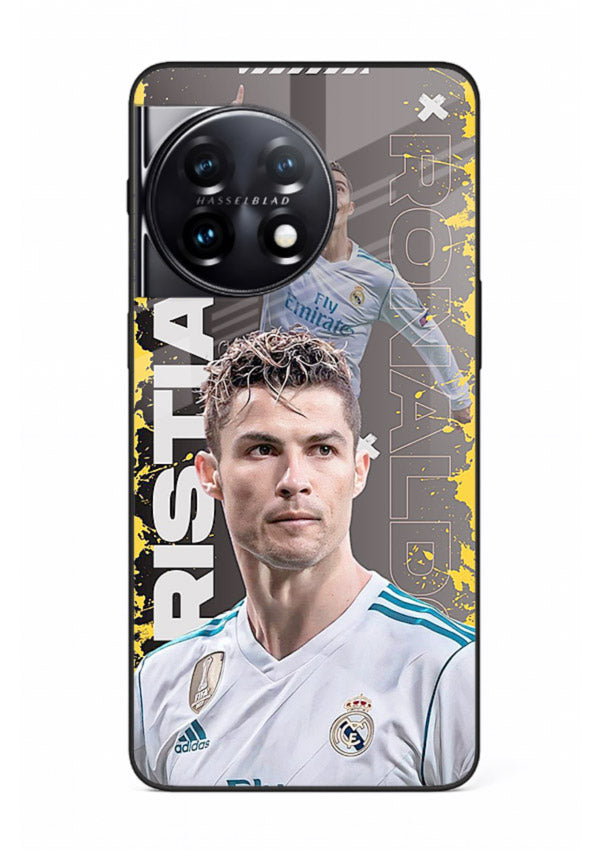 Football player portrait printed on glossy tempered glass OnePlus 11R back cover