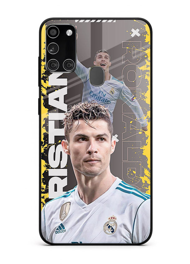 Football player portrait printed on glossy tempered glass Samsung A21s back cover