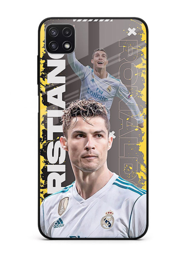 Football player portrait printed on glossy tempered glass Samsung A22 5G back cover