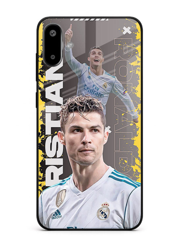 Football player portrait printed on glossy tempered glass Samsung F06 5G back cover