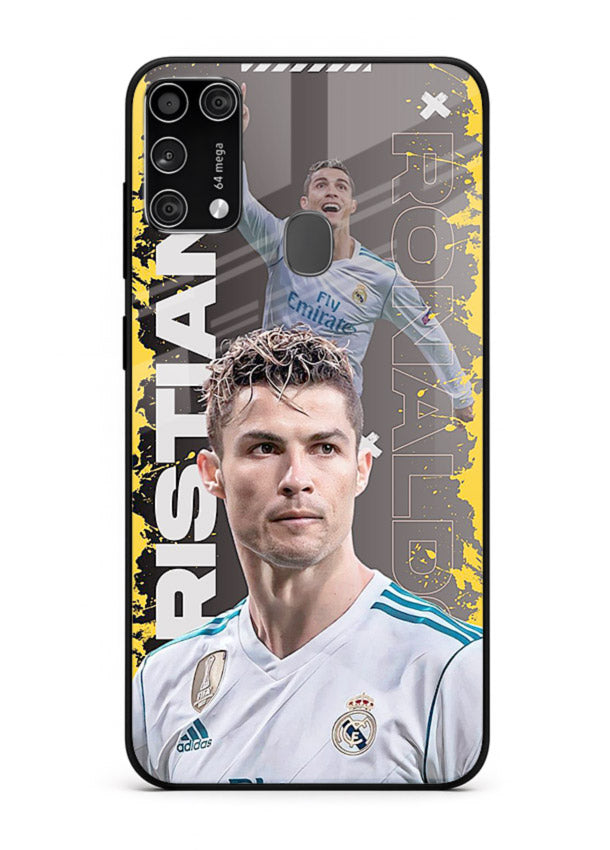 Football player portrait printed on glossy tempered glass Samsung M31 Prime back cover