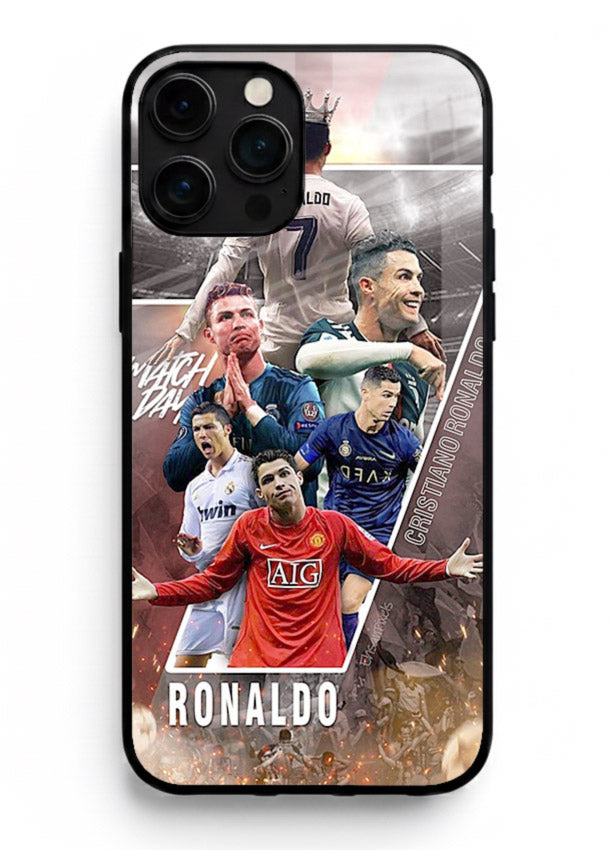 Ronaldo montage artwork printed on tempered glass iPhone 14 Pro back cover