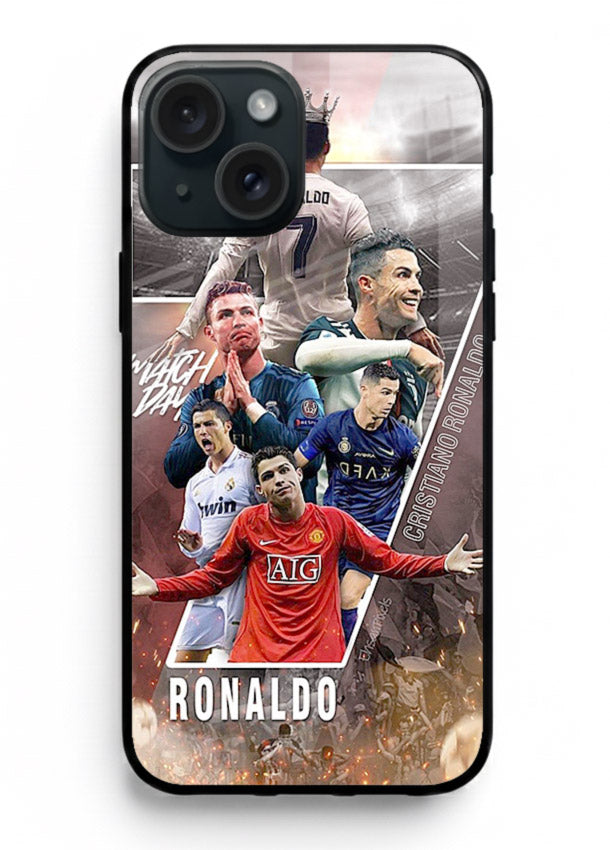 Ronaldo montage artwork printed on tempered glass iPhone 15 Plus back cover