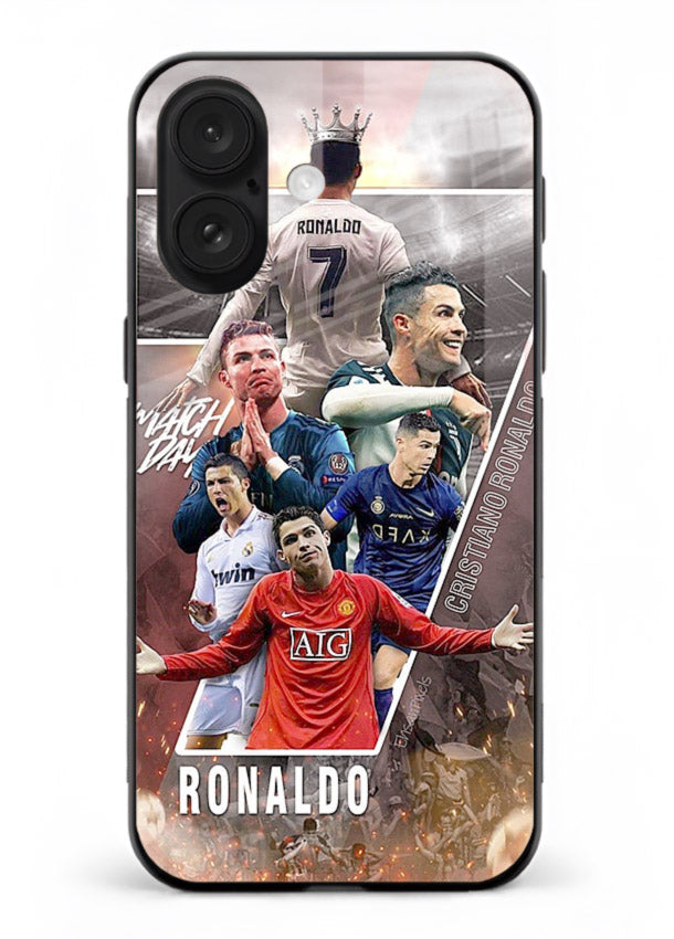 Ronaldo montage artwork printed on tempered glass iPhone 16 back cover