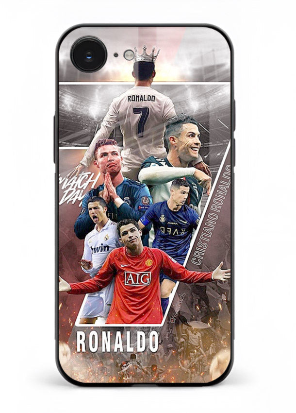 Ronaldo montage artwork printed on tempered glass iPhone 16E back cover