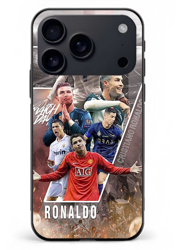 Ronaldo montage artwork printed on tempered glass iPhone 17 Pro back cover
