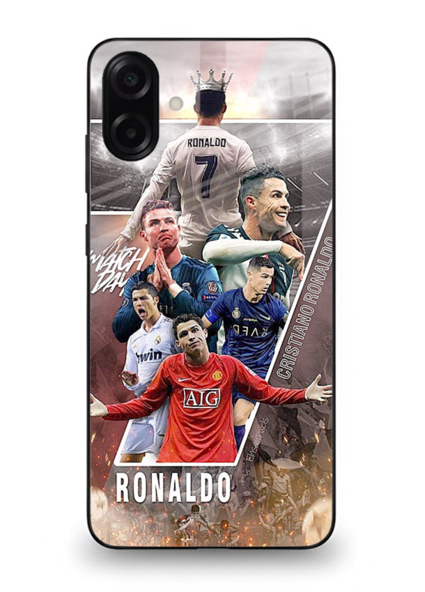 Ronaldo montage artwork printed on tempered glass Samsung M04 back cover