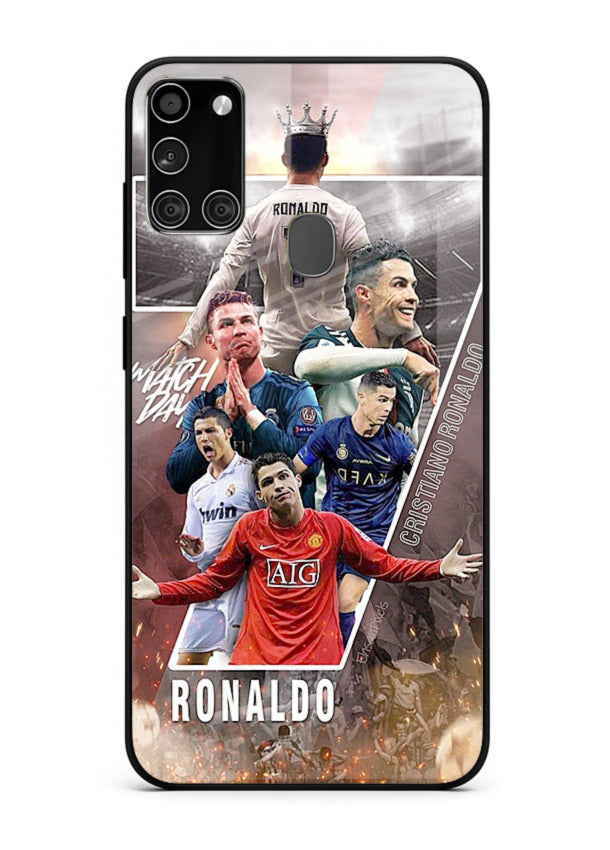 Ronaldo montage artwork printed on tempered glass Samsung A21s back cover