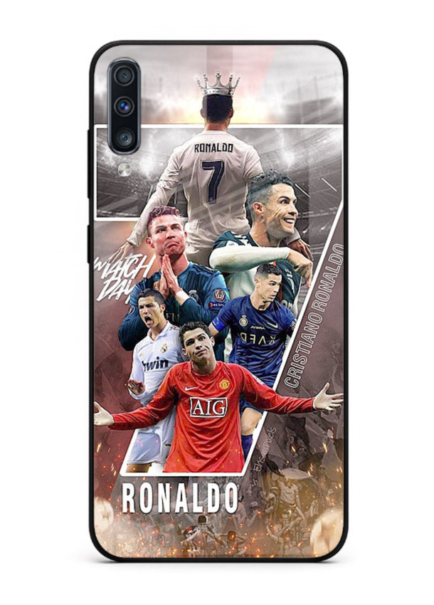 Ronaldo montage artwork printed on tempered glass Samsung A70 back cover