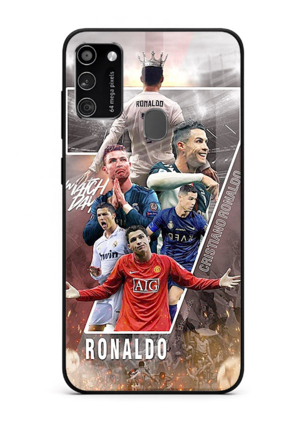 Ronaldo montage artwork printed on tempered glass Samsung M21 back cover
