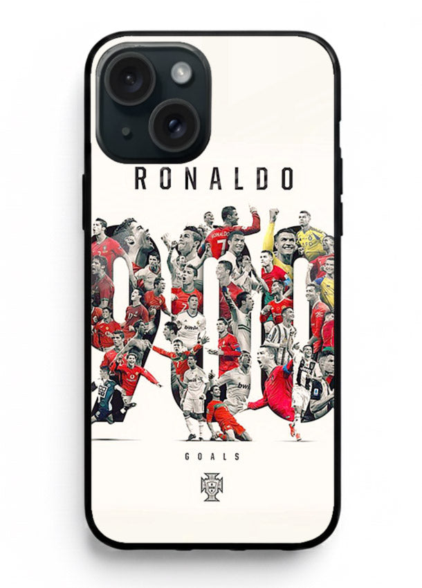 Ronaldo typography collage artwork on glossy tempered glass iPhone 14 Plus back cover