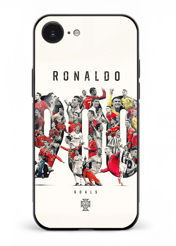 Ronaldo typography collage artwork on glossy tempered glass iPhone 16E back cover