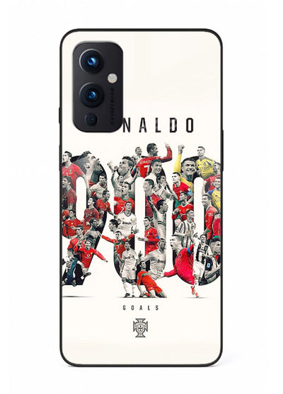 Ronaldo typography collage artwork on glossy tempered glass OnePlus 9 Pro back cover