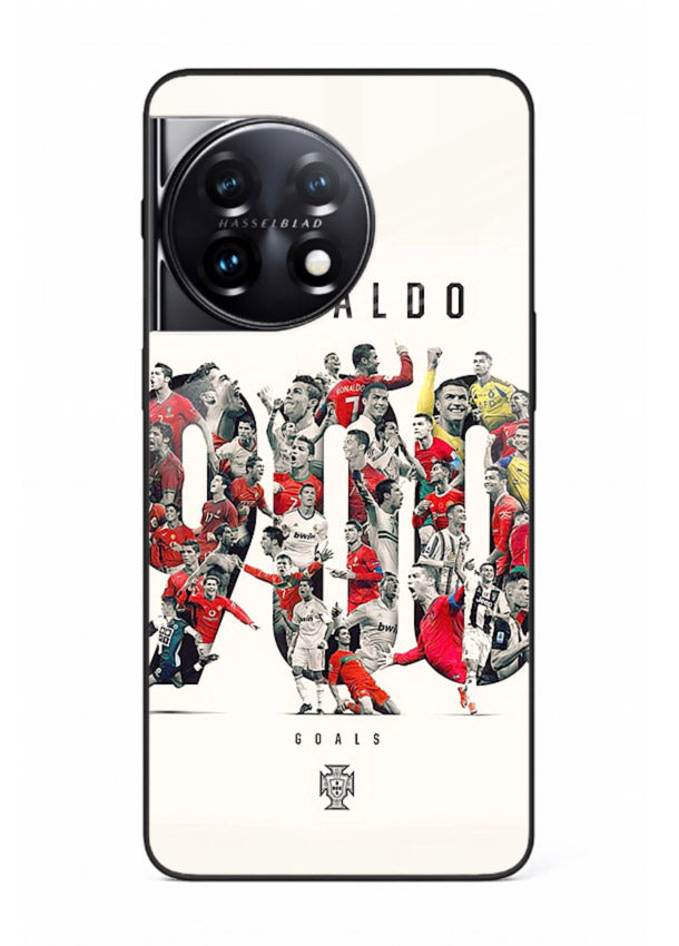 Ronaldo typography collage artwork on glossy tempered glass OnePlus 11R back cover