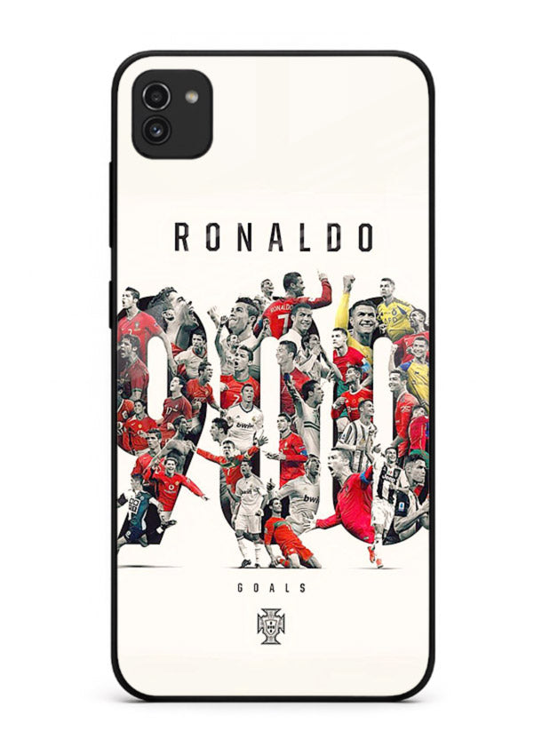 Ronaldo typography collage artwork on glossy tempered glass Samsung A03 back cover
