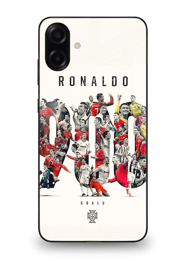 Ronaldo typography collage artwork on glossy tempered glass Samsung A06 5G back cover