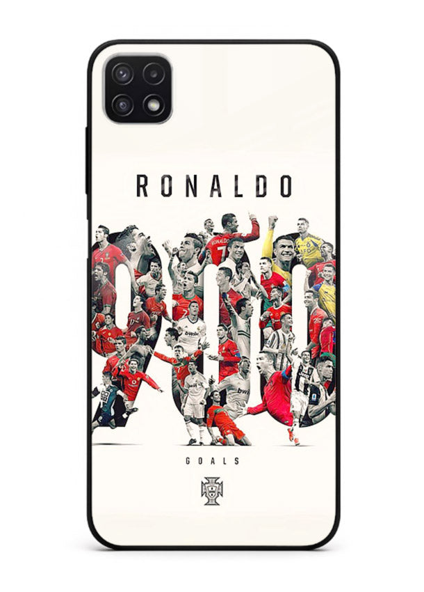 Ronaldo typography collage artwork on glossy tempered glass Samsung F42 5G back cover