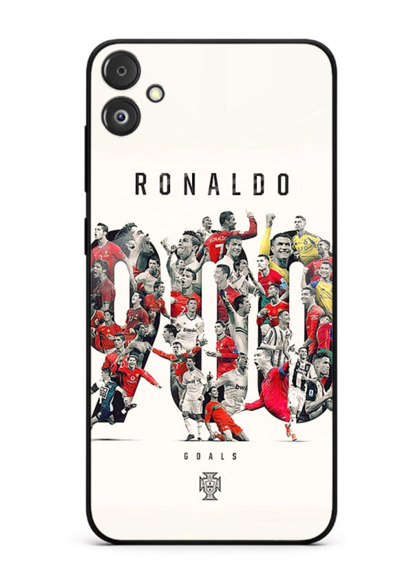 Ronaldo typography collage artwork on glossy tempered glass Samsung F05 5G back cover