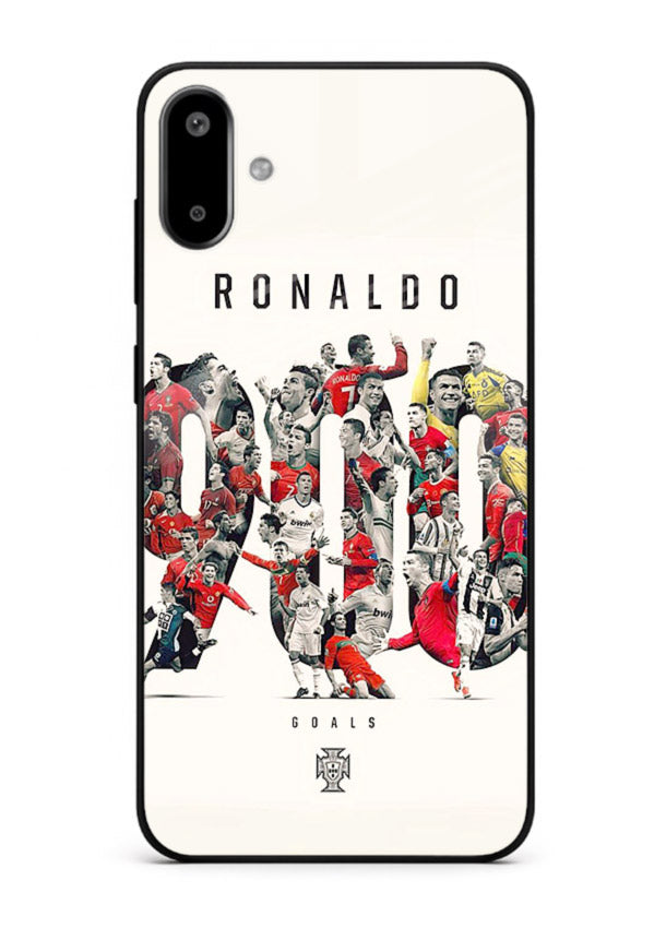 Ronaldo typography collage artwork on glossy tempered glass Samsung F06 5G back cover