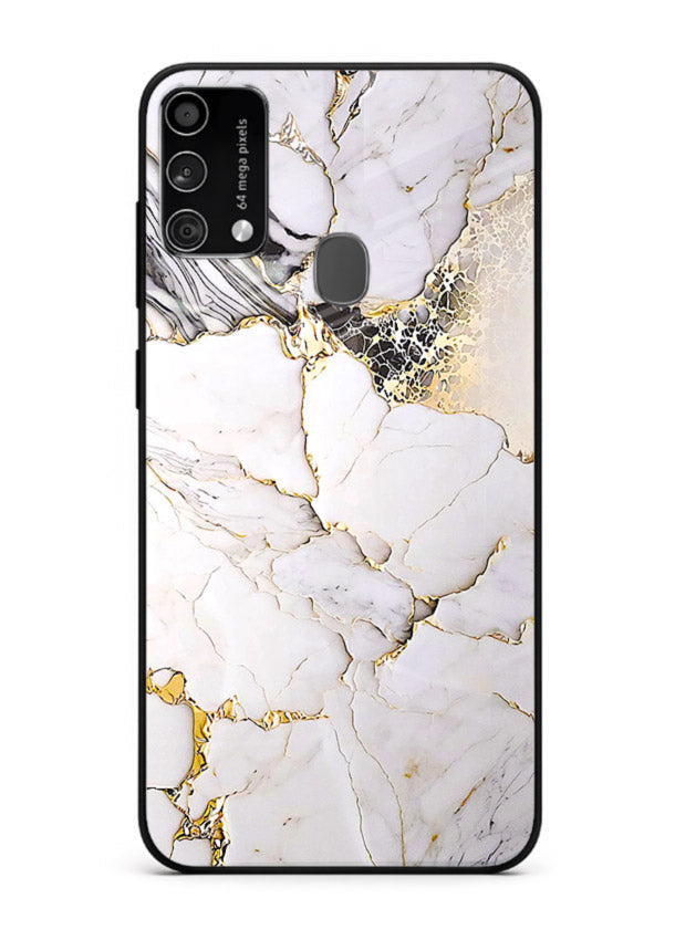 RoseGold Fluid Veins Samsung F41 glass back cover with flowing rosegold marble design