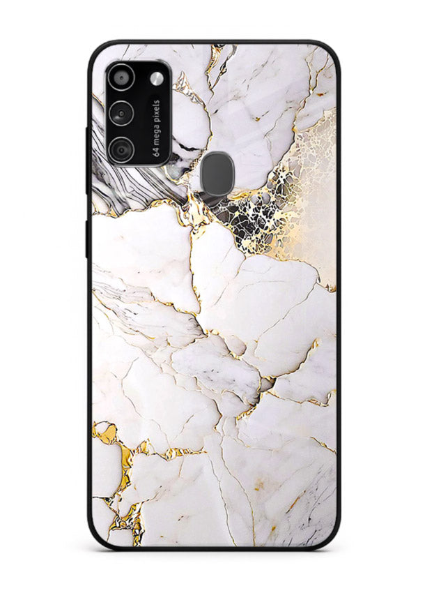 RoseGold Fluid Veins Samsung M30s glass back cover with flowing rosegold marble design