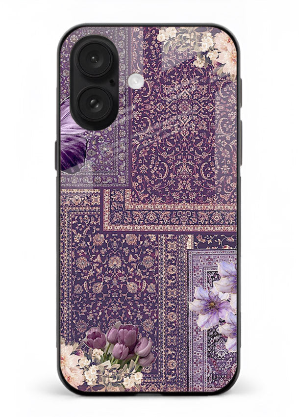 Purple tapestry artwork printed on glossy tempered glass iPhone 16 back cover