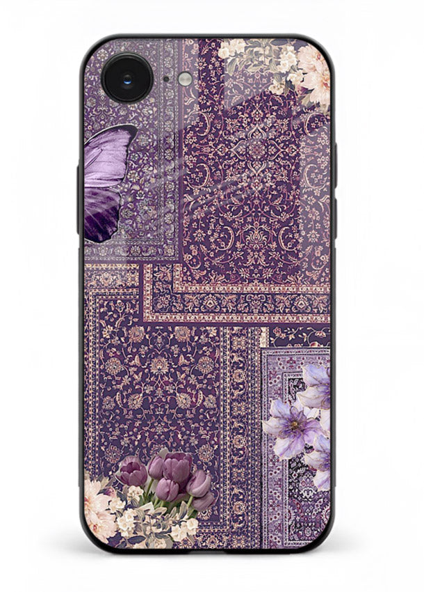 Purple tapestry artwork printed on glossy tempered glass iPhone 16E back cover