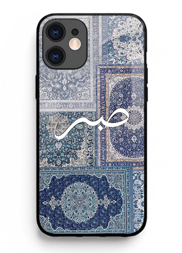 Blue Arabic script artwork printed on premium tempered glass iPhone 12 Mini back cover