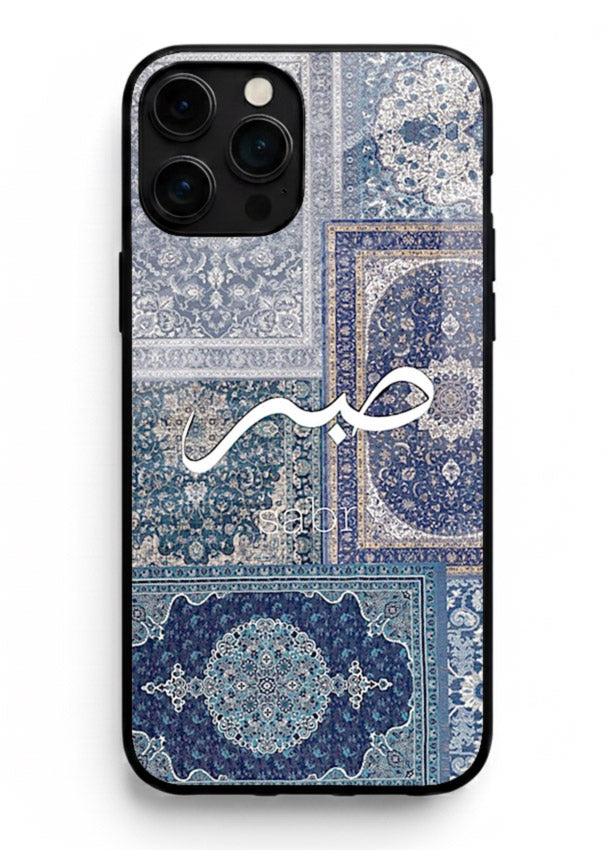 Blue Arabic script artwork printed on premium tempered glass iPhone 14 Pro Max back cover