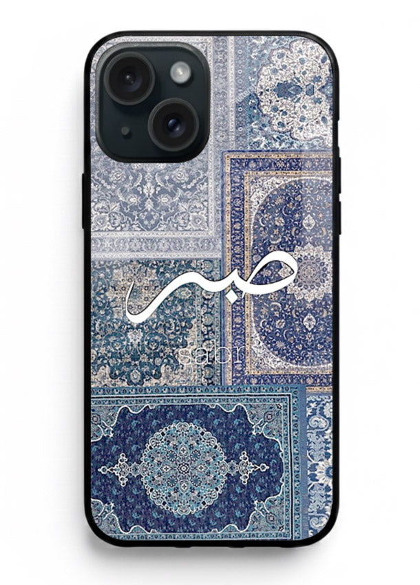 Blue Arabic script artwork printed on premium tempered glass iPhone 14 back cover