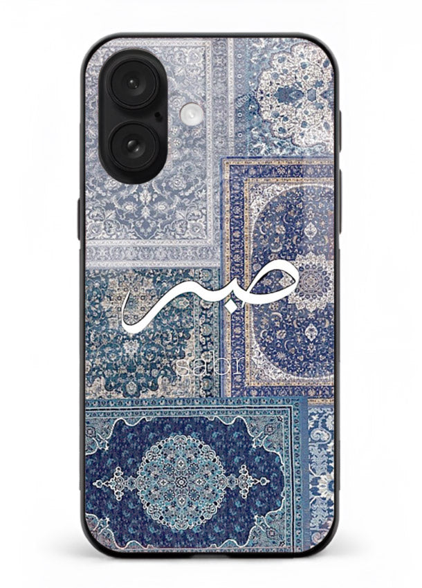 Blue Arabic script artwork printed on premium tempered glass iPhone 16 back cover