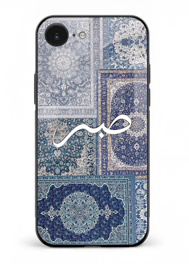 Blue Arabic script artwork printed on premium tempered glass iPhone 16E back cover